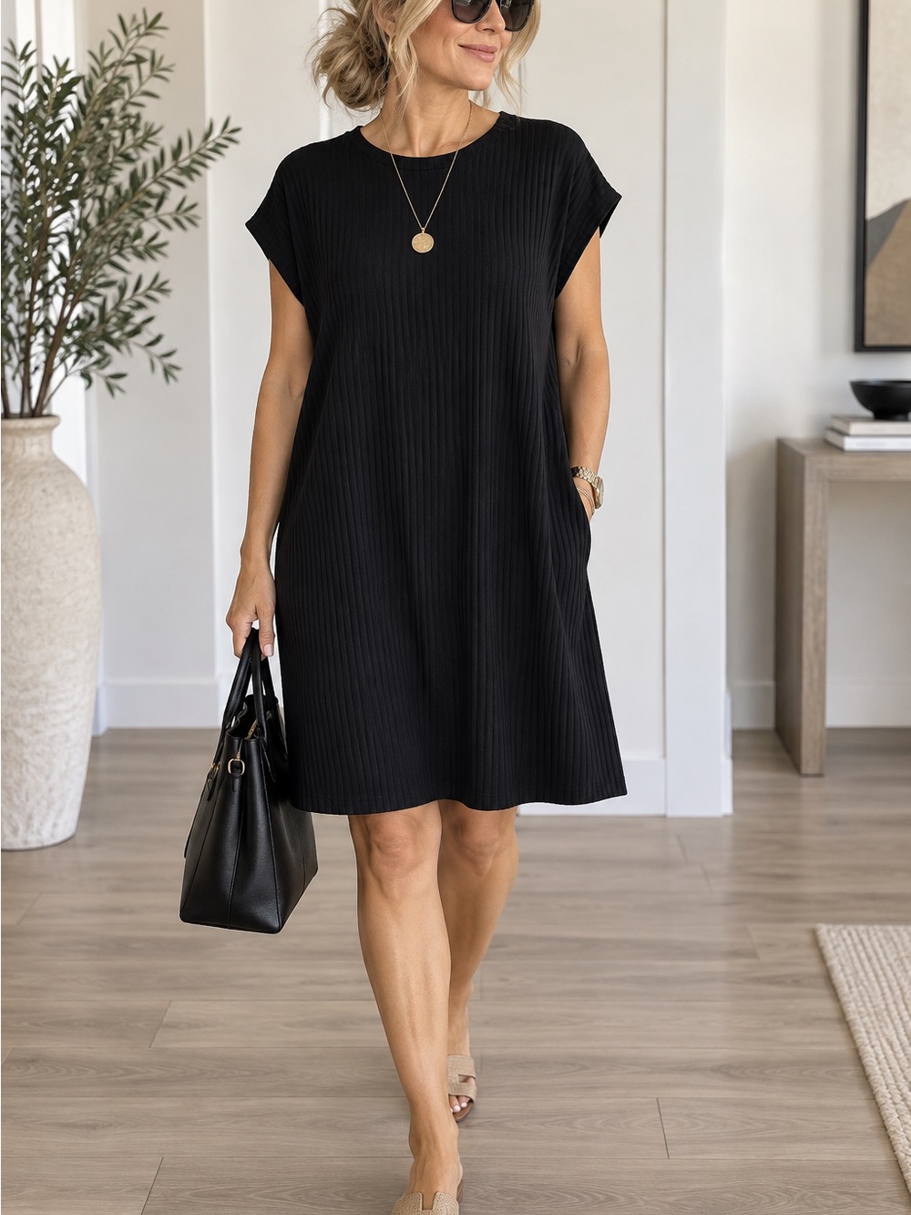 Eileen Fisher Black Textured Rib Midi Dress pit to pit 25”lengths 42”